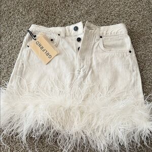 GRLFRND Ivory Denim Skirt with Feather Detail